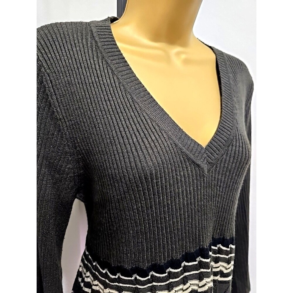Empire Waist Stripe Olive Green Ribbed Knit Sweater Dress Sz XL Chevron Academia
